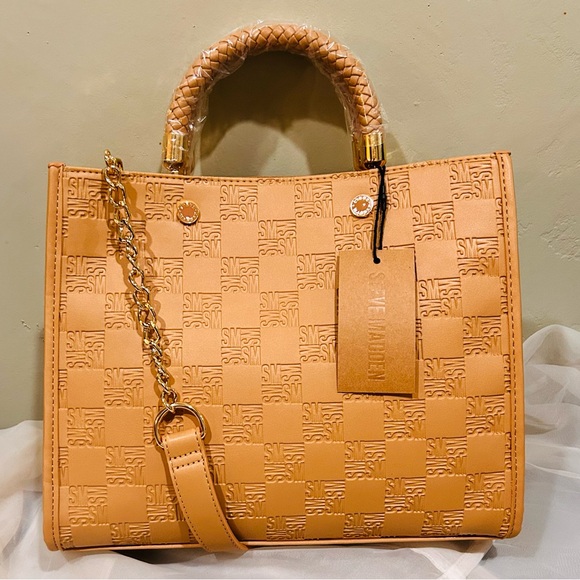 Steve Madden Handbags - STEVE MADDEN JEANNE LOGO SATCHEL. VERSATILE. BRAIDED HANDLES. CAMEL. NWTS. LUX.